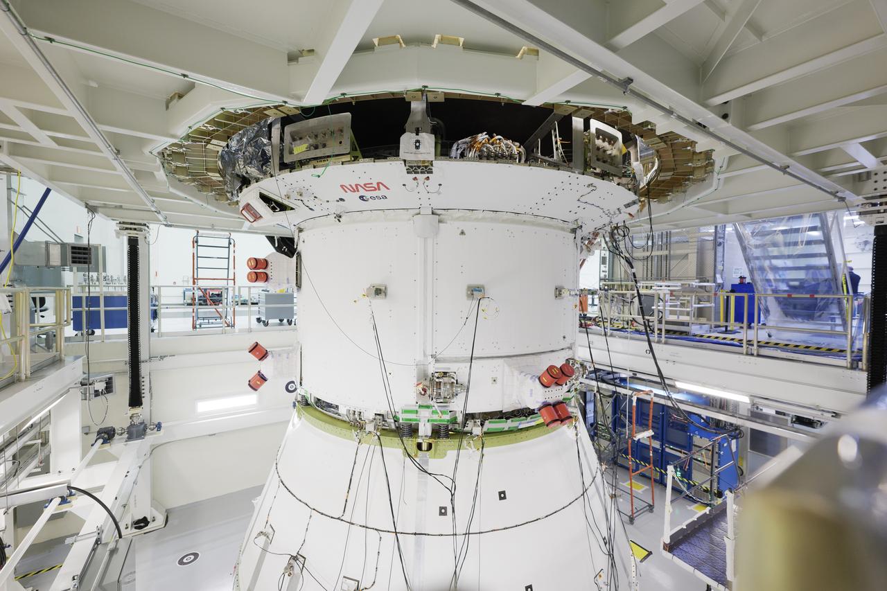 Work for Artemis II continues inside the Operations and Checkout building at NASA's Kennedy Space Center on Thursday, Feb. 1, 2024. Teams with Lockheed Martin and NASA are preparing the Orion spacecraft for vacuum testing this spring. Four astronauts will venture around the Moon in the Orion spacecraft on Artemis II, the first crewed mission on NASA's path to establishing a long-term presence at the Moon for science and exploration through the Artemis campaign.