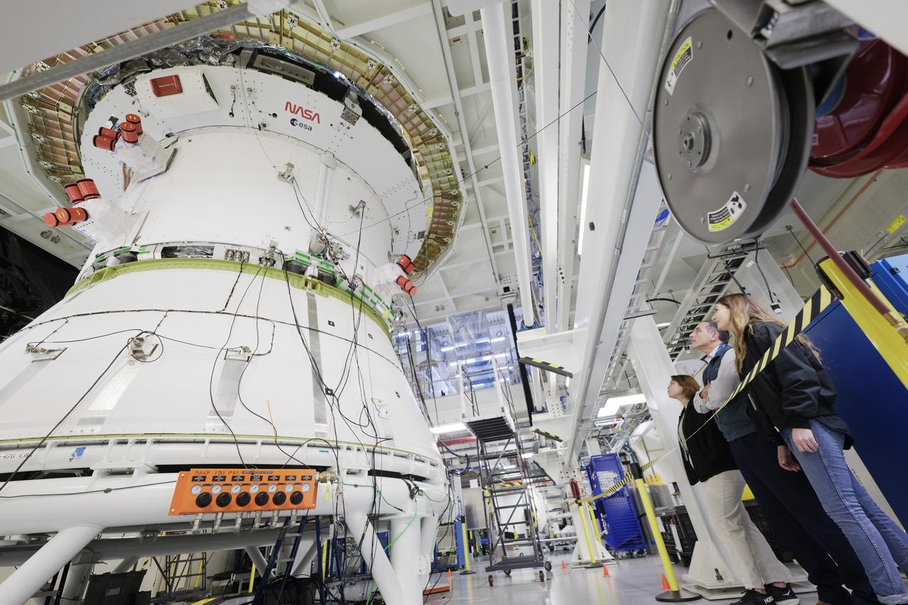 Work for Artemis II continues inside the Operations and Checkout building at NASA's Kennedy Space Center on Thursday, Feb. 1, 2024. Teams with Lockheed Martin and NASA are preparing the Orion spacecraft for vacuum testing this spring. Four astronauts will venture around the Moon in the Orion spacecraft on Artemis II, the first crewed mission on NASA's path to establishing a long-term presence at the Moon for science and exploration through the Artemis campaign.