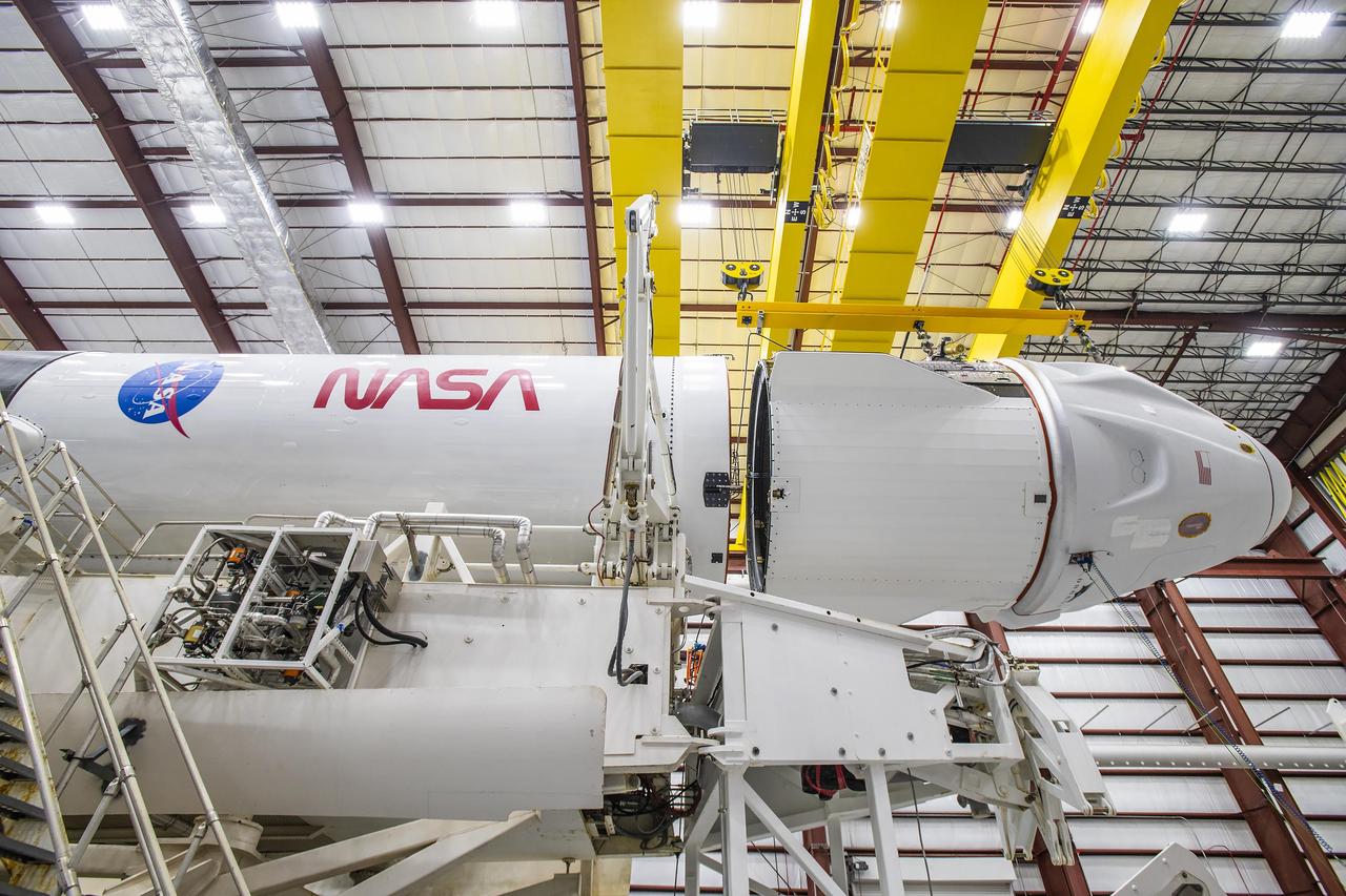 SpaceX’s Dragon spacecraft for NASA’s SpaceX Crew-8 mission is mated to the company's Falcon 9 rocket at SpaceX’s hangar at Kennedy Space Center’s Launch Complex 39A in Florida on Friday, Feb. 23, 2024, at Cape Canaveral Space Force Station. NASA astronauts Matthew Dominick, Michael Barratt, and Jeanette Epps, and Roscosmos cosmonaut Alexander Grebenkin are slated to launch to the International Space Station no earlier than 12:04 a.m. EST on March 1, 2024. 
