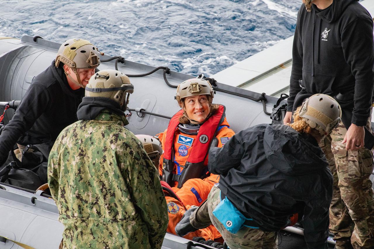 Artemis II crew member NASA astronaut Christina Koch joins NASA’s Exploration Ground System’s Landing and Recovery team and partners from the Department of Defense aboard the USS San Diego practicing recovery procedures using the Crew Module Test Article, during Underway Recovery Test 11 (URT-11) off the coast of San Diego, California on Sunday, Feb. 25, 2024. URT-11 is the eleventh in a series of Artemis recovery tests, and the first time NASA and its partners put their Artemis II recovery procedures to the test with the astronauts.