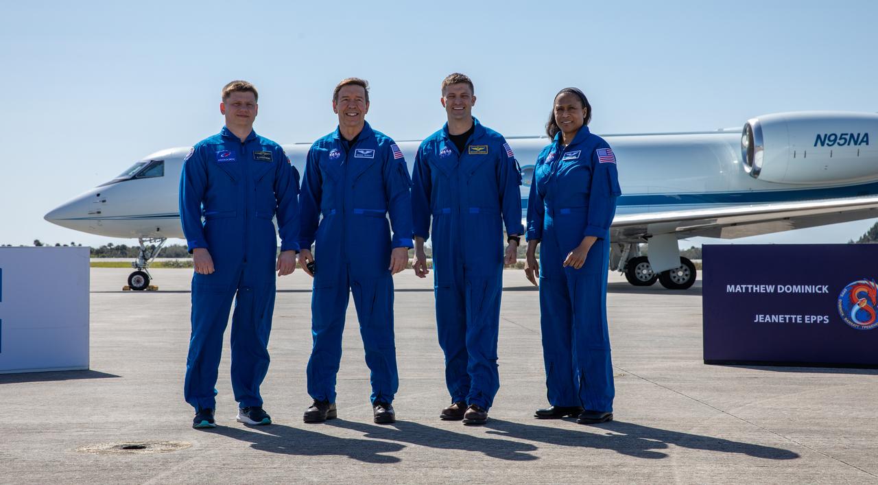 Crew members of NASA’s SpaceX Crew-8 mission to the International Space Station from right to left NASA astronauts Jeanette Epps, Matthew Dominick, and Michael Barratt, and Roscosmos cosmonaut Alexander Grebenkin, stand before members of the news media at the Launch and Landing Facility at Kennedy Space Center in Florida on Sunday, Feb. 25, 2024. The Crew-8 mission is slated to launch aboard SpaceX’s Dragon spacecraft, powered by the company’s Falcon 9 rocket from Launch Complex 39A no earlier than 12:04 a.m. EST on Friday, March 1, 2024.