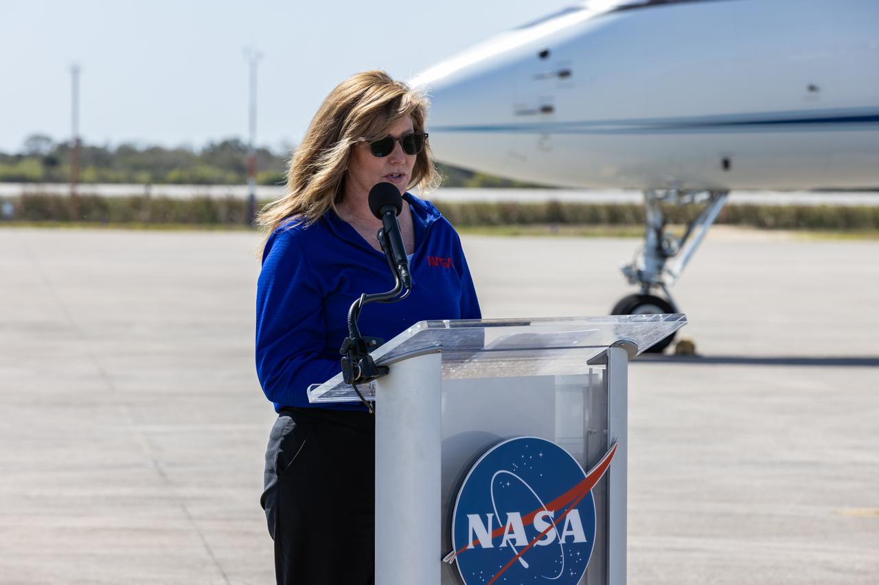 Jennifer Kunz, associate director, technical, NASA Kennedy, speaks to members of the news media during crew arrival for NASA’s SpaceX Crew-8 mission at the Launch and Landing Facility at Kennedy Space Center in Florida on Sunday, Feb. 25, 2024. The Crew-8 mission will send NASA astronauts Matthew Dominick, Michael Barratt, and Jeanette Epps, and Roscosmos cosmonaut Alexander Grebenkin, to the International Space Station aboard SpaceX’s Dragon spacecraft on the company’s Falcon 9 rocket from Kennedy’s Launch Complex 39A no earlier than 12:04 a.m. EDT Friday, March 1, 2024.