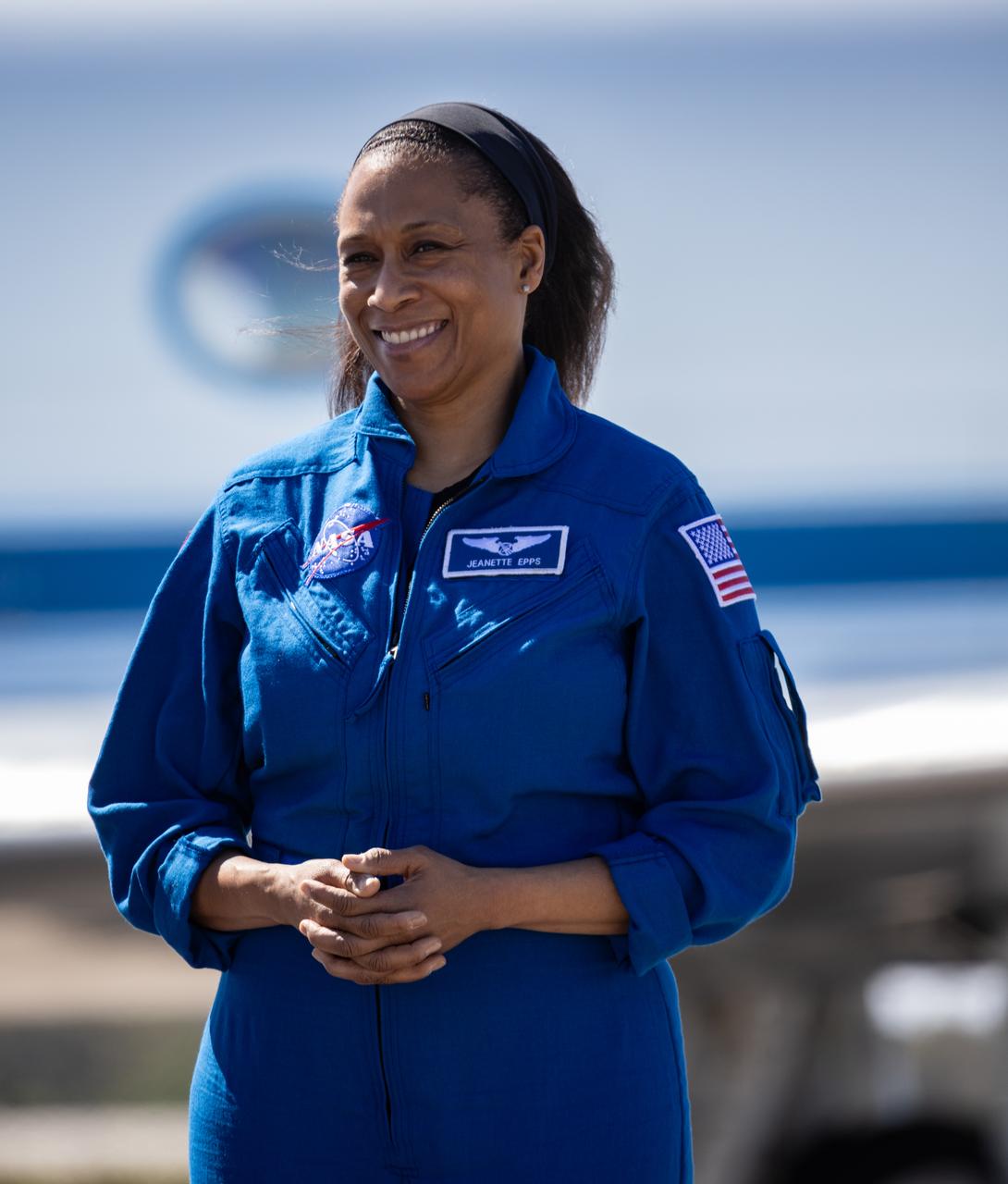 NASA astronaut Jeanette Epps, Crew-8 mission specialist, smiles during crew arrival for NASA’s SpaceX Crew-8 mission at the Launch and Landing Facility at Kennedy Space Center in Florida on Sunday, Feb. 25, 2024. Epps, along with NASA astronauts Matthew Dominick and Jeanette Epps, as well as Roscosmos cosmonaut Alexander Grebenkin, will launch to the International Space Station aboard SpaceX’s Dragon spacecraft on the company’s Falcon 9 rocket from Kennedy’s Launch Complex 39A no earlier than 12:04 a.m. EST Friday, March 1, 2024.