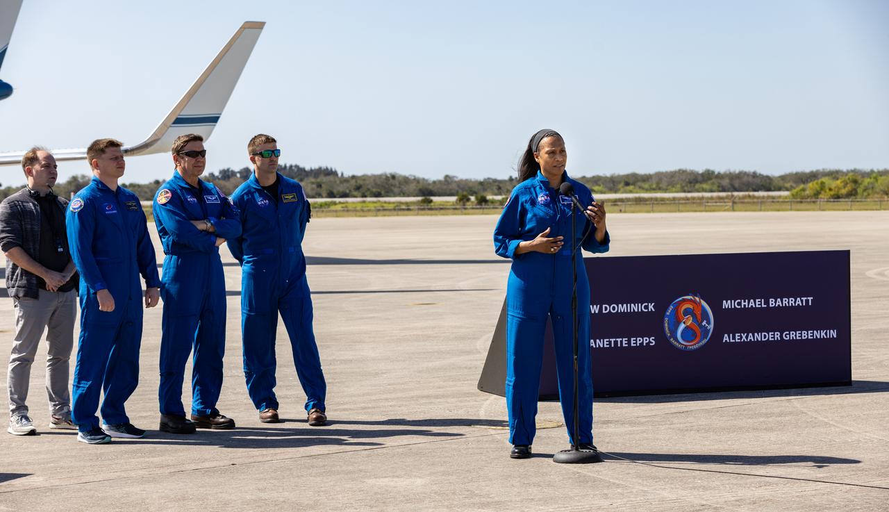 NASA astronaut Jeanette Epps, Crew-8 mission specialist, delivers remarks to members of the news media during crew arrival for NASA’s SpaceX Crew-8 mission at the Launch and Landing Facility at Kennedy Space Center in Florida on Sunday, Feb. 25, 2024. Epps, along with NASA astronauts Matthew Dominick and Jeanette Epps, as well as Roscosmos cosmonaut Alexander Grebenkin, will launch to the International Space Station aboard SpaceX’s Dragon spacecraft on the company’s Falcon 9 rocket from Kennedy’s Launch Complex 39A no earlier than 12:04 a.m. EST Friday, March 1, 2024.