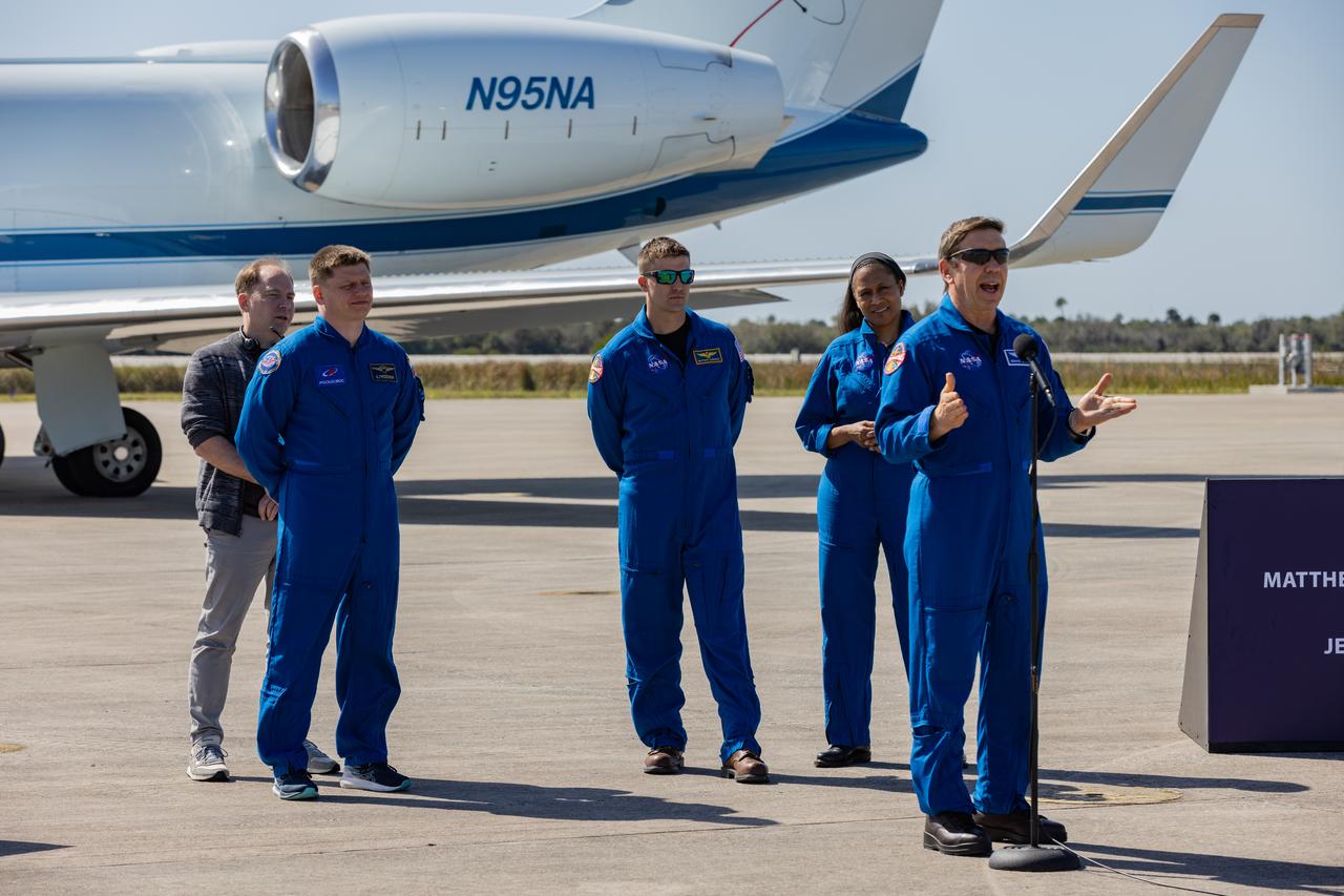 NASA astronaut Michael Barratt, Crew-8 pilot, delivers remarks to members of the news media during crew arrival for NASA’s SpaceX Crew-8 mission at the Launch and Landing Facility at Kennedy Space Center in Florida on Sunday, Feb. 25, 2024. Barratt, along with NASA astronauts Matthew Dominick and Jeanette Epps, as well as Roscosmos cosmonaut Alexander Grebenkin, will launch to the International Space Station aboard SpaceX’s Dragon spacecraft on the company’s Falcon 9 rocket from Kennedy’s Launch Complex 39A no earlier than 12:04 a.m. EST Friday, March 1, 2024.