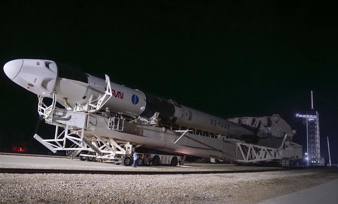 As preparations continue for NASA’s SpaceX Crew-8 mission, a SpaceX Falcon 9 rocket with the company's Dragon spacecraft is rolled out to the launch pad of Launch Complex 39A at the agency’s Kennedy Space Center in Florida on Sunday, Feb. 25, 2024, NASA astronauts Matthew Dominick, Michael Barratt, and Jeanette Epps, and Roscosmos cosmonaut Alexander Grebenkin are scheduled to launch to the International Space Station from Launch Complex 39A no earlier than 12:04 a.m. EST on March 1, 2024. 