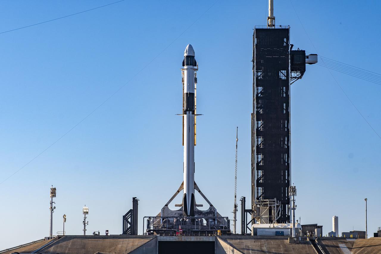 SpaceX’s Falcon 9 rocket, with the Dragon spacecraft atop, is vertical at NASA’s Kennedy Space Center Launch Complex 39A in Florida on Monday, Feb. 26, 2024, ahead of NASA’s SpaceX Crew-8 launch to the International Space Station. The eighth crew rotation mission with SpaceX and the ninth flight of Dragon with people as part of the agency’s Commercial Crew Program is slated to carry NASA astronauts Matthew Dominick, Michael Barratt, and Jeanette Epps, and Roscosmos cosmonaut Alexander Grebenkin to the station from Launch Complex 39A no earlier than 12:04 a.m. EST on March 1, 2024.