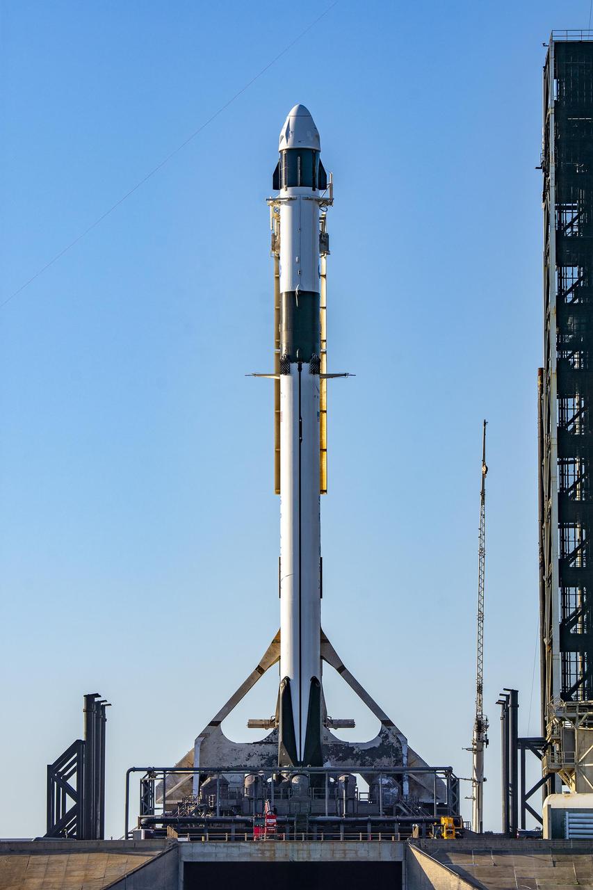 SpaceX’s Falcon 9 rocket, with the Dragon spacecraft atop, is vertical at NASA’s Kennedy Space Center Launch Complex 39A in Florida on Monday, Feb. 26, 2024, ahead of NASA’s SpaceX Crew-8 launch to the International Space Station. The eighth crew rotation mission with SpaceX and the ninth flight of Dragon with people as part of the agency’s Commercial Crew Program is slated to carry NASA astronauts Matthew Dominick, Michael Barratt, and Jeanette Epps, and Roscosmos cosmonaut Alexander Grebenkin to the station from Launch Complex 39A no earlier than 12:04 a.m. EST on March 1, 2024.