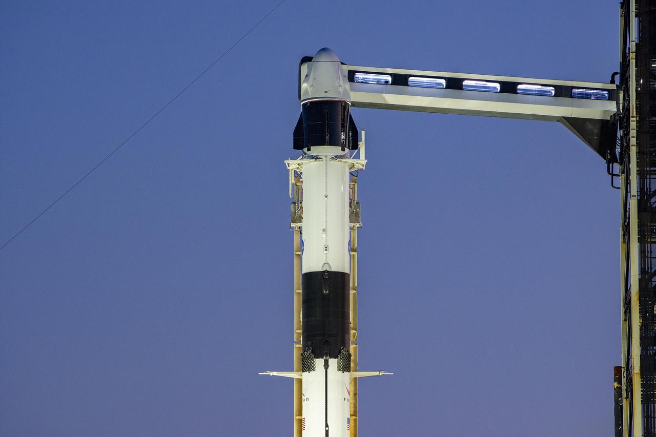 A SpaceX Falcon 9 rocket with the company's Dragon spacecraft on top is seen at sunset on the launch pad at Launch Complex 39A on Monday, Feb. 26, 2024, as preparations continue for NASA’s SpaceX Crew-8 mission at NASA’s Kennedy Space Center in Florida. The eighth crew rotation mission with SpaceX and the ninth flight of Dragon with people as part of the agency’s Commercial Crew Program is slated to carry NASA astronauts Matthew Dominick, Michael Barratt, and Jeanette Epps, and Roscosmos cosmonaut Alexander Grebenkin to the International Space Station from Launch Complex 39A no earlier than 12:04 a.m. EST on Friday, March 1.  