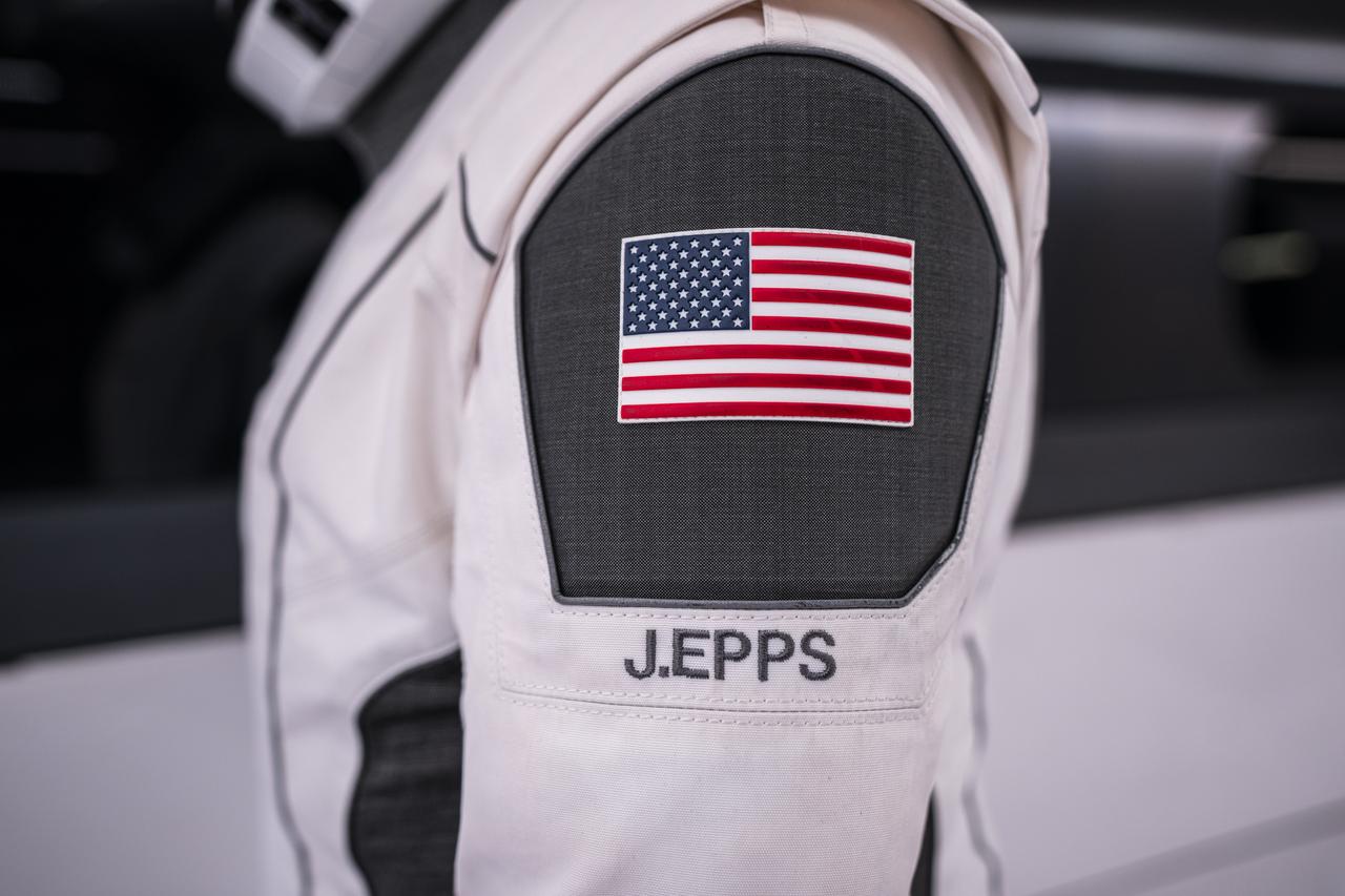 A SpaceX launch and entry suit bears an American flag and the name of NASA astronaut Jeanette Epps, who will serve as one of two mission specialists for NASA's SpaceX Crew-8 mission to the International Space as part of the agency’s Commercial Crew Program. Liftoff from Launch Complex 39A at the agency’s Kennedy Space in Florida is scheduled for 12:04 a.m. EST on Friday, March 1, 2024.