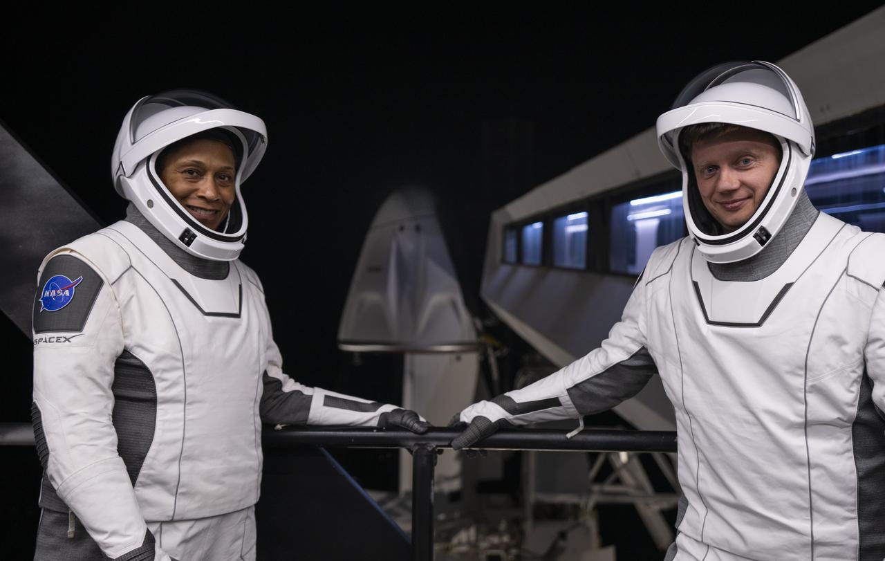 Members of NASA’s SpaceX Crew-8 from left to right, NASA astronaut Jeanette Epps and Roscosmos cosmonaut Alexander Grebenkin are photographed in their SpaceX spacesuits at Launch Complex 39A in front of the SpaceX Dragon spacecraft during a dress rehearsal on Monday, Feb. 26, 2024, in preparation for the Crew-8 mission at NASA’s Kennedy Space Center in Florida. NASA’s SpaceX Crew-8 is the eighth crew rotation mission with SpaceX to the station and the ninth flight of Dragon with people as part of the agency’s Commercial Crew Program. Liftoff from Launch Complex 39A is scheduled for 12:04 a.m. EST on Friday, March 1. 
