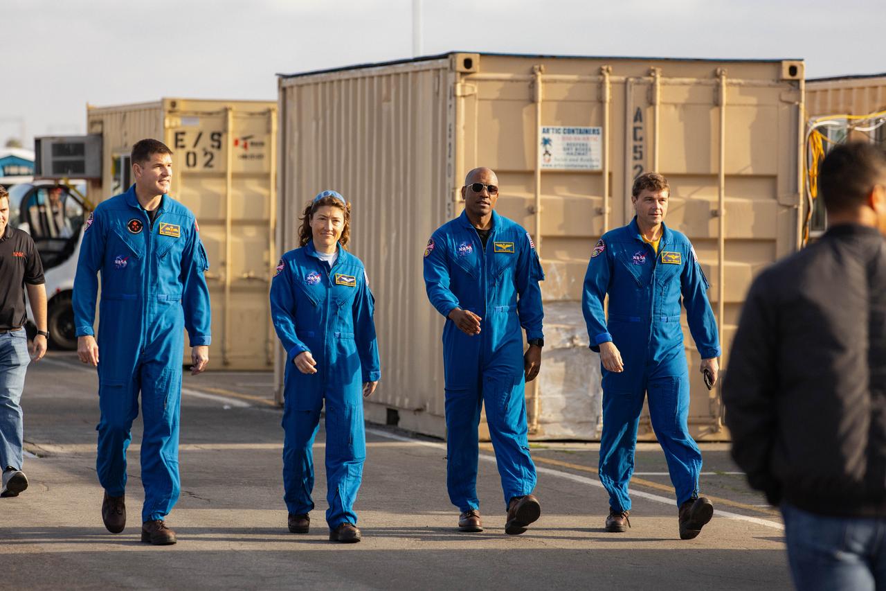 NASA’s Artemis II crew members, from left to right, CSA (Canadian Space Agency) astronaut Jeremy Hansen, NASA astronauts Christina Koch, Victor Glover, and Reid Wiseman prepare for a news conference to discuss the practice recovery procedures performed by NASA’s Exploration Ground System’s Landing and Recovery team, partners from the Department of Defense, and U.S. Navy personnel during Underway Recovery Test 11 (URT-11) aboard the USS San Diego on Wednesday, Feb. 28, 2024. URT-11 is the eleventh in a series of Artemis recovery tests, and the first time NASA and its partners put their Artemis II recovery procedures in place with the astronauts.