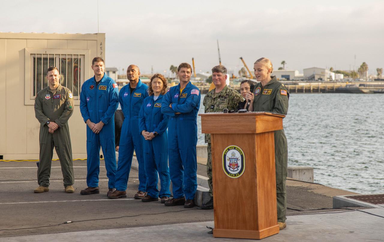 NASA’s Artemis II crew members from left to right, CSA (Canadian Space Agency) astronaut Jeremy Hansen, NASA astronauts Victor Glover, Christina Koch, and Reid Wiseman, and partners from the Department of Defense hold a news conference to discuss practice recovery procedures following the Underway Recovery Test 11 (URT-11) off the coast of San Diego, California on Wednesday, Feb. 28, 2024. URT-11 performed by NASA’s Exploration Ground System’s Landing and Recovery team, partners from the Department of Defense, and U.S. Navy personnel aboard the USS San Diego is the eleventh in a series of Artemis recovery tests, and the first the Artemis II recovery procedures involved the astronauts.