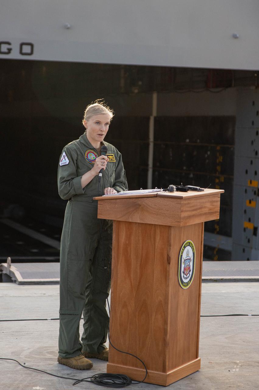 Lt. Cmdr. Chloe Morgan, public affairs officer for Expeditionary Strike Group 3 U.S. Navy speaks during a news conference held in San Diego, California on Wednesday, Feb. 28, 2024, about the Underway Recovery Test 11 (URT-11) performed off the coast of San Diego, California. URT-11 performed by NASA’s Exploration Ground System’s Landing and Recovery team, partners from the Department of Defense, and U.S. Navy personnel aboard the USS San Diego is the eleventh in a series of Artemis recovery tests, and the first the Artemis II recovery procedures involved the astronauts.