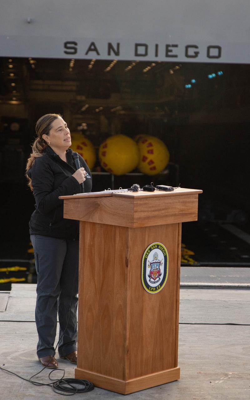 Liliana Villarreal, landing and recovery director in Exploration Ground Systems at NASA’s Kennedy Space Center in Florida speaks in a news conference held in San Diego, California on Wednesday, Feb. 28, 2024, about the Underway Recovery Test 11 (URT-11) performed off the coast of San Diego, California. URT-11 is the eleventh in a series of Artemis recovery tests, and the first time NASA and its partners put their Artemis II recovery procedures in place with the astronauts.