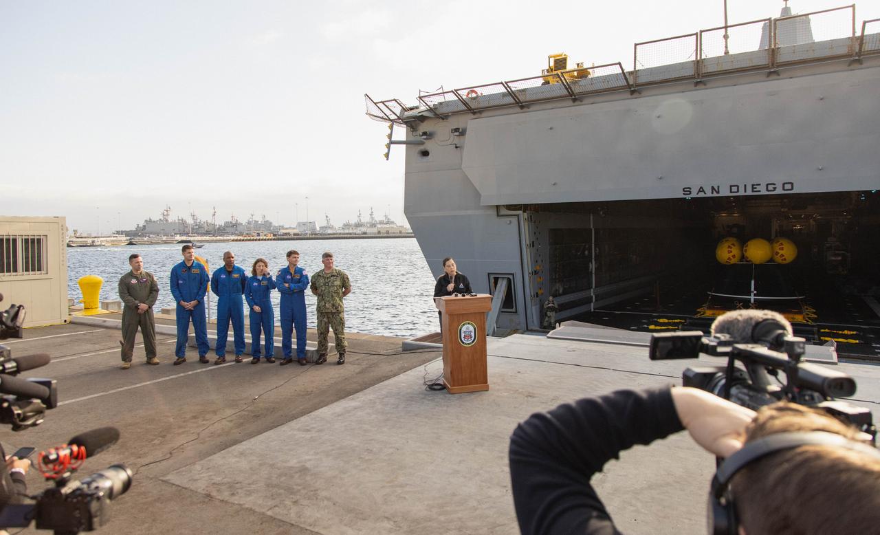 NASA’s Artemis II crew members, from left to right, CSA (Canadian Space Agency) astronaut Jeremy Hansen, NASA astronauts Victor Glover, Christina Koch, and Reid Wiseman, along with partners from the Department of Defense, and U.S. Navy personnel participate in a news conference held in San Diego, California on Wednesday, Feb. 28, 2024, to discuss the Underway Recovery Test (URT-11) aboard the USS San Diego. URT-11 is the eleventh in a series of Artemis recovery tests, and the first time NASA and its partners put their Artemis II recovery procedures in place with the astronauts.