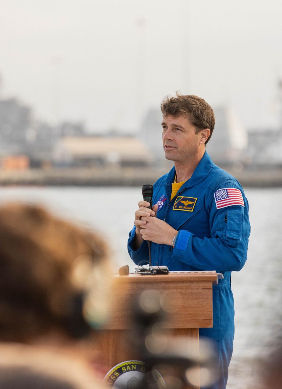 NASA’s Artemis II crew member NASA astronaut Reid Wiseman discusses the Underway Recovery Test (URT-11) during a news conference in San Diego, California on Wednesday, Feb. 28, 2024. URT-11 performed by NASA’s Exploration Ground System’s Landing and Recovery team, partners from the Department of Defense, and U.S. Navy personnel aboard the USS San Diego is the eleventh in a series of Artemis recovery tests, and the first the Artemis II recovery procedures involved the astronauts.