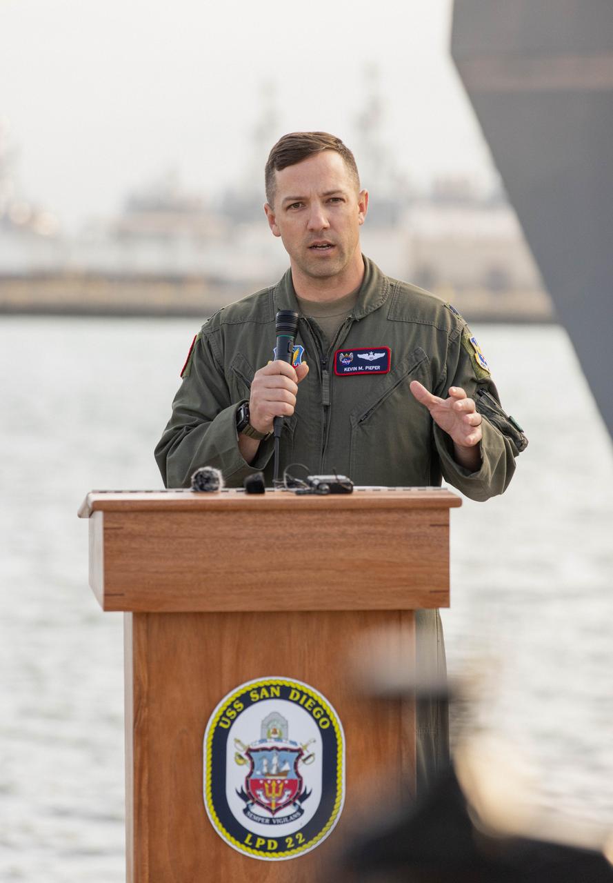 Lt. Col. Kevin Pieper, First Air Force, Detachment 3 Artemis program director discusses the Underway Recovery Test (URT-11) during a news conference held in San Diego, California on Wednesday, Feb. 28, 2024. URT-11 performed by NASA’s Exploration Ground System’s Landing and Recovery team, partners from the Department of Defense, and U.S. Navy personnel aboard the USS San Diego is the eleventh in a series of Artemis recovery tests, and the first the Artemis II recovery procedures involved the astronauts.
