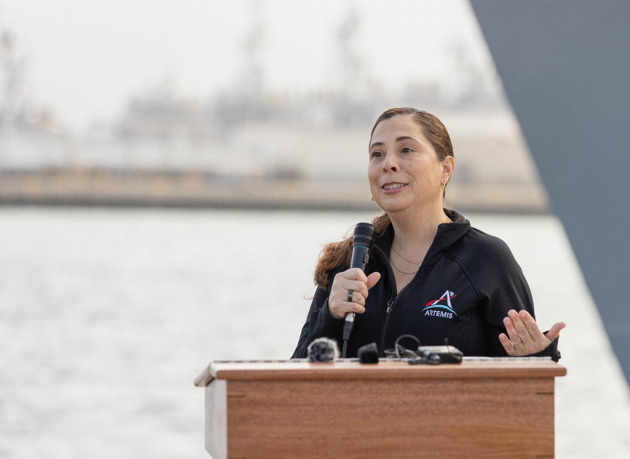Liliana Villarreal, landing and recovery director in Exploration Ground Systems at NASA’s Kennedy Space Center in Florida speaks in a news conference held in San Diego, California on Wednesday, Feb. 28, 2024, about the Underway Recovery Test 11 (URT-11) performed off the coast of San Diego, California. URT-11 performed by NASA’s Exploration Ground System’s Landing and Recovery team, partners from the Department of Defense, and U.S. Navy personnel aboard the USS San Diego is the eleventh in a series of Artemis recovery tests, and the first the Artemis II recovery procedures involved the astronauts.