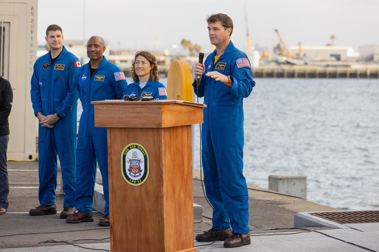NASA’s Artemis II crew member NASA astronaut Reid Wiseman, from left to right is joined by, CSA (Canadian Space Agency) astronaut Jeremy Hansen, NASA astronauts Victor Glover and Christina Koch to discuss the Underway Recovery Test (URT-11) during a news conference held in San Diego, California on Wednesday, Feb. 28, 2024. NASA’s Exploration Ground System’s Landing and Recovery team, partners from the Department of Defense, and U.S. Navy personnel aboard the USS San Diego is the eleventh in a series of Artemis recovery tests, and the first the Artemis II recovery procedures involved the astronauts.