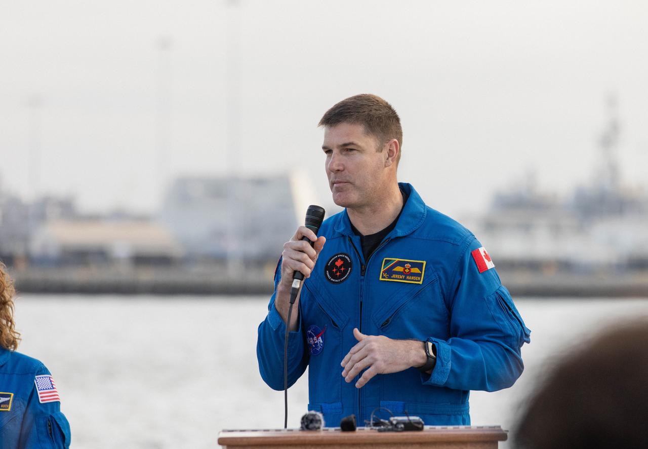 NASA’s Artemis II crew member CSA (Canadian Space Agency) astronaut Jeremy Hansen discusses the Underway Recovery Test (URT-11) during a news conference held in San Diego, California on Wednesday, Feb. 28, 2024. URT-11 performed by NASA’s Exploration Ground System’s Landing and Recovery team, partners from the Department of Defense, and U.S. Navy personnel aboard the USS San Diego is the eleventh in a series of Artemis recovery tests, and the first the Artemis II recovery procedures involved the astronauts.