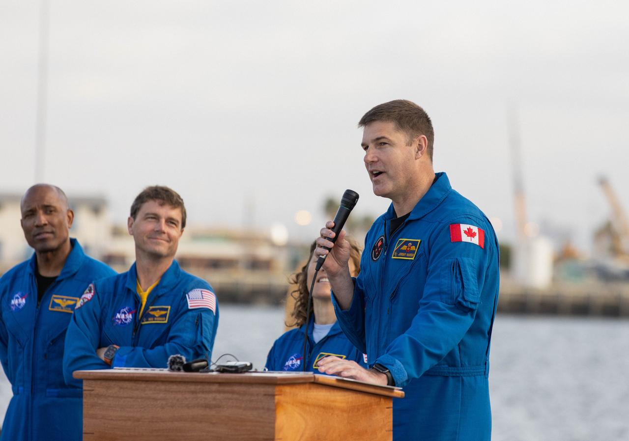 NASA’s Artemis II crew member CSA (Canadian Space Agency) astronaut Jeremy Hansen along with NASA astronauts from right to left, Victor Glover, Reid Wiseman, and Christina Koch discuss the Underway Recovery Test (URT-11) during a news conference held in San Diego, California on Wednesday, Feb. 28, 2024. URT-11 performed by NASA’s Exploration Ground System’s Landing and Recovery team, partners from the Department of Defense, and U.S. Navy personnel aboard the USS San Diego is the eleventh in a series of Artemis recovery tests, and the first the Artemis II recovery procedures involved the astronauts.