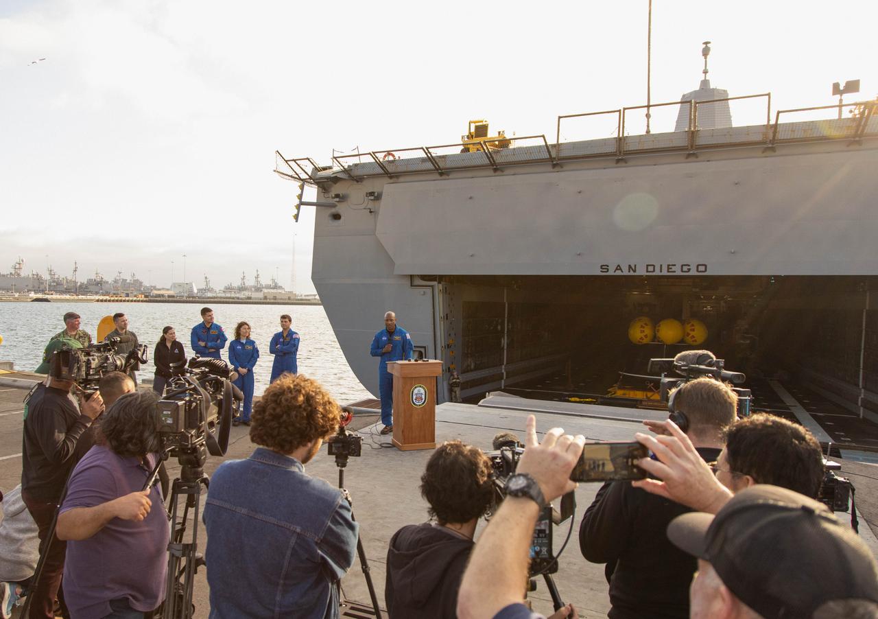 NASA’s Artemis II crew member NASA astronaut Victor Glover speaks to members of the media about the Underway Recovery Test (URT-11) during a news conference held in San Diego, California on Wednesday, Feb. 28, 2024. URT-11 performed by NASA’s Exploration Ground System’s Landing and Recovery team, partners from the Department of Defense, and U.S. Navy personnel aboard the USS San Diego is the eleventh in a series of Artemis recovery tests, and the first the Artemis II recovery procedures involved the astronauts.