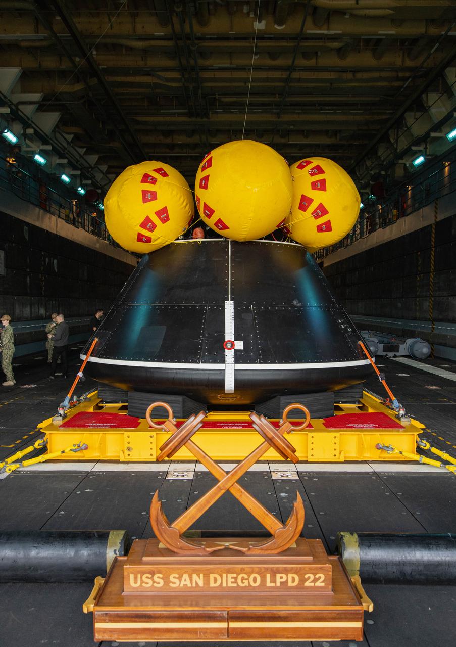 The mockup of the NASA Orion spacecraft sits aboard the USS San Diego on Wednesday Feb. 28, 2024, following the completion of the Underway Recovery Test (URT-11). URT-11, aboard the USS San Diego, is the eleventh in a series of Artemis recovery tests, and the first time NASA and its partners put their Artemis II recovery procedures to the test with the astronauts.