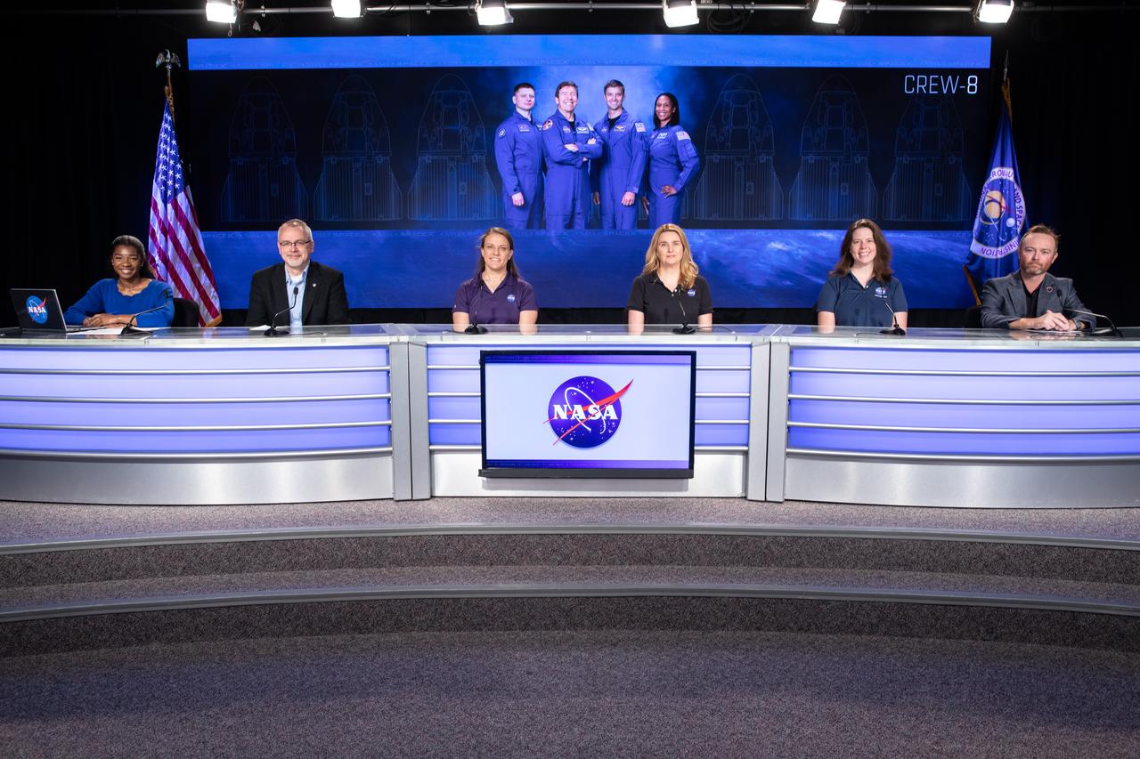 A social media panel discussion takes place inside the John Holliman Auditorium of the News Center at NASA’s Kennedy Space Center in Florida on Wednesday, Feb. 28, 2024, ahead of NASA’s SpaceX Crew-8 mission to the International Space Station. Participants, from left to right are Jasmine Hopkins, NASA Communications; NASA Associate Administrator Jim Free; Carla Koch, mission manager of NASA’s Commercial Crew Program; Jennifer Buchli, chief scientist, International Space Station; Kristin Fabre, deputy chief scientist of NASA’s Human Research Program; and Patrick O’Neill, public affairs and outreach lead of the ISS National Laboratory. Liftoff of the eighth crew rotation mission with SpaceX to the station and the ninth flight of Dragon with people as part of the agency’s Commercial Crew Program from Kennedy’s Launch Complex 39A is targeted for 12:04 a.m. on Friday, March 1. 