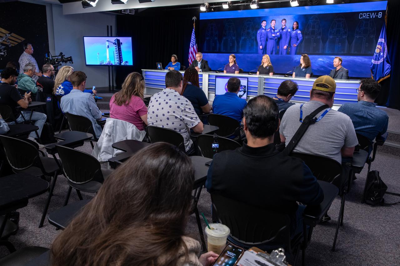 A social media panel discussion takes place inside the John Holliman Auditorium of the News Center at NASA’s Kennedy Space Center in Florida on Wednesday, Feb. 28, 2024, ahead of NASA’s SpaceX Crew-8 mission to the International Space Station. Participants, from left to right are Jasmine Hopkins, NASA Communications; NASA Associate Administrator Jim Free; Carla Koch, mission manager of NASA’s Commercial Crew Program; Jennifer Buchli, chief scientist, International Space Station; Kristin Fabre, deputy chief scientist of NASA’s Human Research Program; and Patrick O’Neill, public affairs and outreach lead of the ISS National Laboratory. Liftoff of the eighth crew rotation mission with SpaceX to the station and the ninth flight of Dragon with people as part of the agency’s Commercial Crew Program from Kennedy’s Launch Complex 39A is targeted for 12:04 a.m. on Friday, March 1. 
