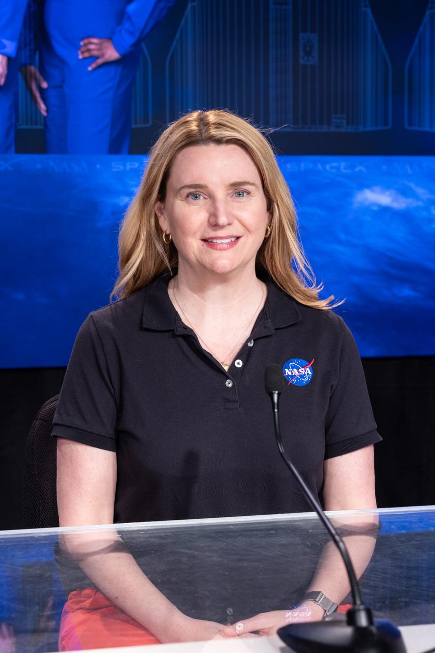 Chief Scientist of NASA’s International Space Station Program Jennifer Buchli participates in a social media panel discussion inside the John Holliman Auditorium of the News Center at NASA’s Kennedy Space Center in Florida on Wednesday, Feb. 28, 2024, ahead of NASA’s SpaceX Crew-8 mission to the International Space Station. Liftoff of the eighth crew rotation mission with SpaceX to the station and the ninth flight of Dragon with people as part of the agency’s Commercial Crew Program from Kennedy’s Launch Complex 39A is targeted for 12:04 a.m. on Friday, March 1. 