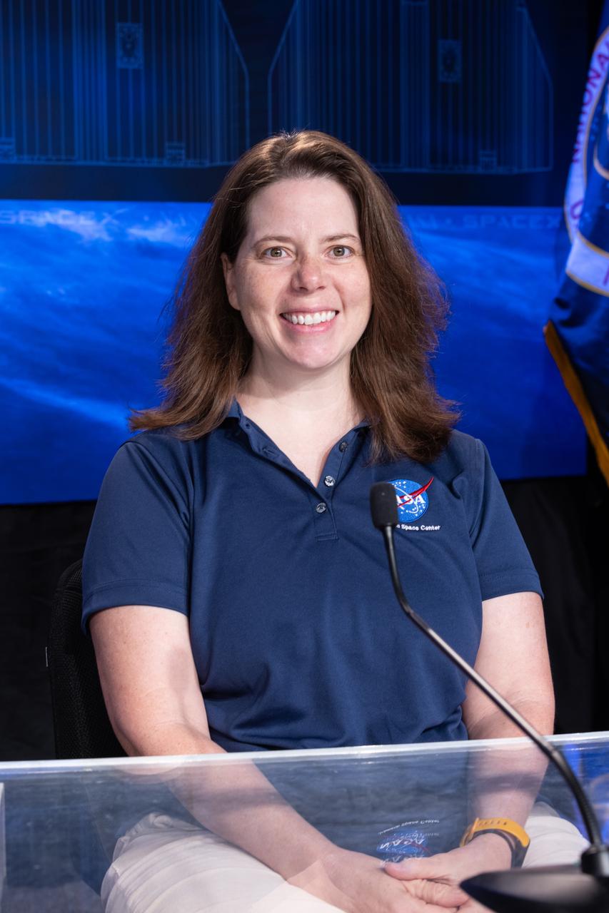Deputy Chief Scientist of NASA’s Human Research Program Kristin Fabre participates in a social media panel discussion inside the John Holliman Auditorium of the News Center at NASA’s Kennedy Space Center in Florida on Wednesday, Feb. 28, 2024, ahead of NASA’s SpaceX Crew-8 mission to the International Space Station. Liftoff of the eighth crew rotation mission with SpaceX to the station and the ninth flight of Dragon with people as part of the agency’s Commercial Crew Program from Kennedy’s Launch Complex 39A is targeted for 12:04 a.m. on Friday, March 1. 