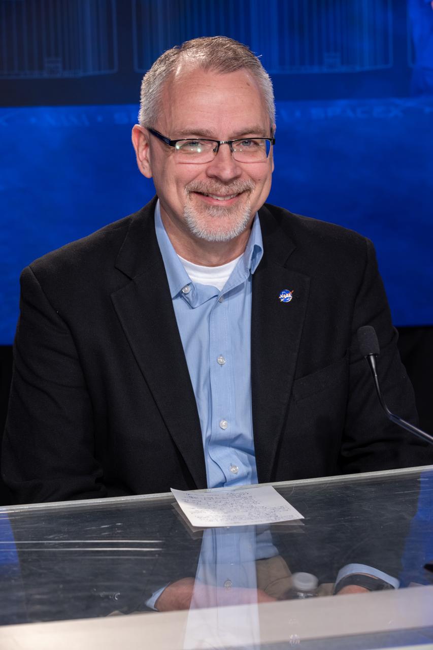 NASA Associate Administrator Jim Free participates in a social media panel discussion inside the John Holliman Auditorium of the News Center at NASA’s Kennedy Space Center in Florida on Wednesday, Feb. 28, 2024, ahead of NASA’s SpaceX Crew-8 mission to the International Space Station. Liftoff of the eighth crew rotation mission with SpaceX to the station and the ninth flight of Dragon with people as part of the agency’s Commercial Crew Program from Kennedy’s Launch Complex 39A is targeted for 12:04 a.m. on Friday, March 1. 