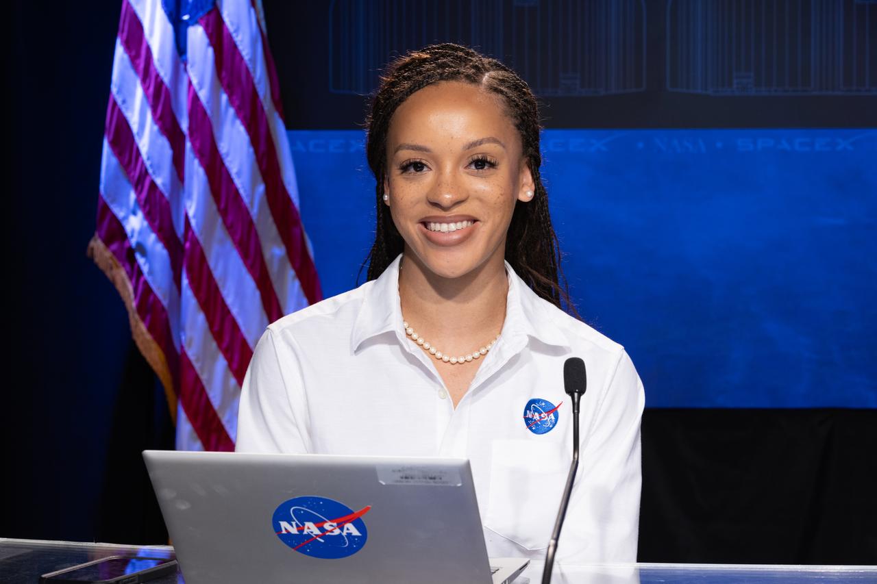 NASA Press Secretary Faith McKie  participates in the agency’s Administrator Media Briefing inside the John Holliman Auditorium of the News Center at NASA’s Kennedy Space Center in Florida on Wednesday, Feb. 28, 2024, ahead of NASA’s SpaceX Crew-8 mission to the International Space Station. The launch is targeted for 12:04 a.m. EST, Friday, March 1, from Launch Complex 39A at Kennedy and will carry NASA astronauts Commander Matthew Dominick, Pilot Michael Barratt, and Mission Specialist Jeanette Epps, along with Roscosmos cosmonaut Mission Specialist Alexander Grebenkin to the orbiting laboratory for a stay of about six months as part of the agency’s Commercial Crew Program.