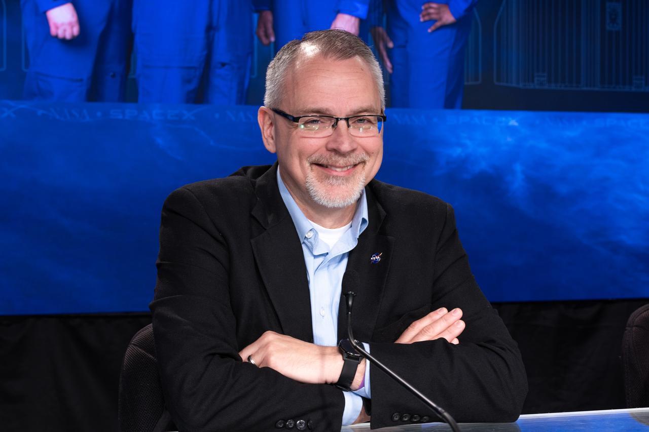 NASA Associate Administrator Jim Free participates in the agency’s Administrator Media Briefing inside the John Holliman Auditorium of the News Center at NASA’s Kennedy Space Center in Florida on Wednesday, Feb. 28, 2024, ahead of NASA’s SpaceX Crew-8 mission to the International Space Station. The launch is targeted for 12:04 a.m. EST, Friday, March 1, from Launch Complex 39A at Kennedy and will carry NASA astronauts Commander Matthew Dominick, Pilot Michael Barratt, and Mission Specialist Jeanette Epps, along with Roscosmos cosmonaut Mission Specialist Alexander Grebenkin to the orbiting laboratory for a stay of about six months as part of the agency’s Commercial Crew Program.