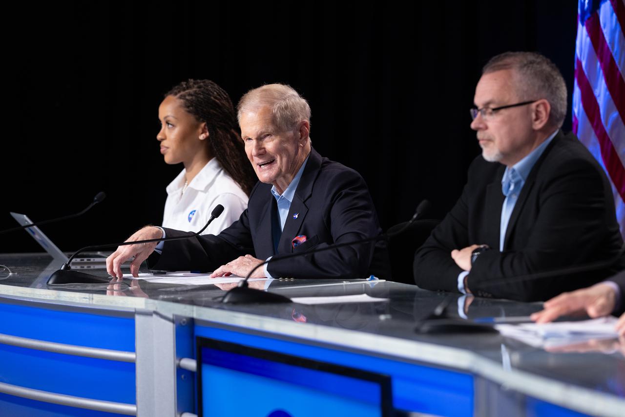 Officials from NASA participate in the NASA Administrator Media Briefing inside the John Holliman Auditorium of the News Center at NASA’s Kennedy Space Center in Florida on Wednesday, Feb. 28, 2024, ahead of NASA’s SpaceX Crew-8 mission to the International Space Station. The launch is targeted for 12:04 a.m. EST, Friday, March 1, from Launch Complex 39A at Kennedy. From left to right are  NASA Press Secretary Faith McKie,  NASA Administrator Bill Nelson, and NASA Associate Administrator Jim Free.