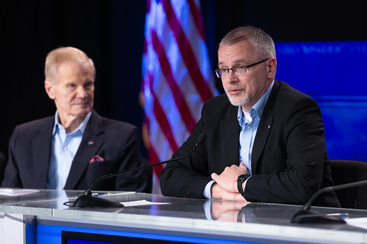 Officials from NASA participate in the NASA Administrator Media Briefing inside the John Holliman Auditorium of the News Center at NASA’s Kennedy Space Center in Florida on Wednesday, Feb. 28, 2024, ahead of NASA’s SpaceX Crew-8 mission to the International Space Station. The launch is targeted for 12:04 a.m. EST, Friday, March 1, from Launch Complex 39A at Kennedy. From left to right are  NASA Administrator Bill Nelson and NASA Associate Administrator Jim Free.