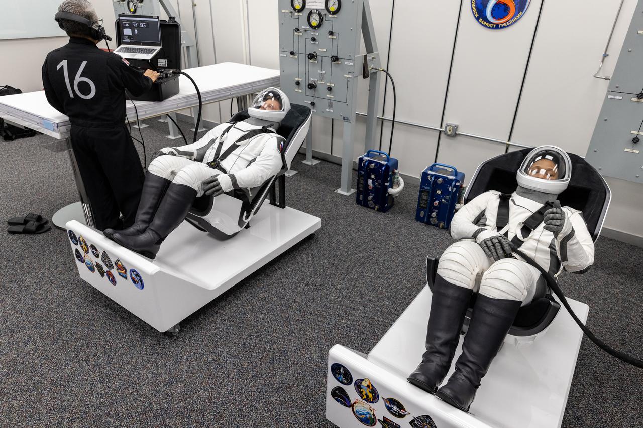Members of NASA’s SpaceX Crew-8 from right to left NASA astronaut Jeanette Epps and Roscosmos cosmonaut Alexander Grebenkin check their SpaceX spacesuit in the crew suit-up room inside the Neil A. Armstrong Operations and Checkout Building at NASA’s Kennedy Space Center in Florida on Saturday, March 2, 2024. The Crew-8 crew members are preparing for their launch to the International Space Station aboard SpaceX’s Dragon spacecraft atop the Falcon 9 rocket from Launch Complex 39A 10:53 p.m. EST on Sunday, March 3, 2024.