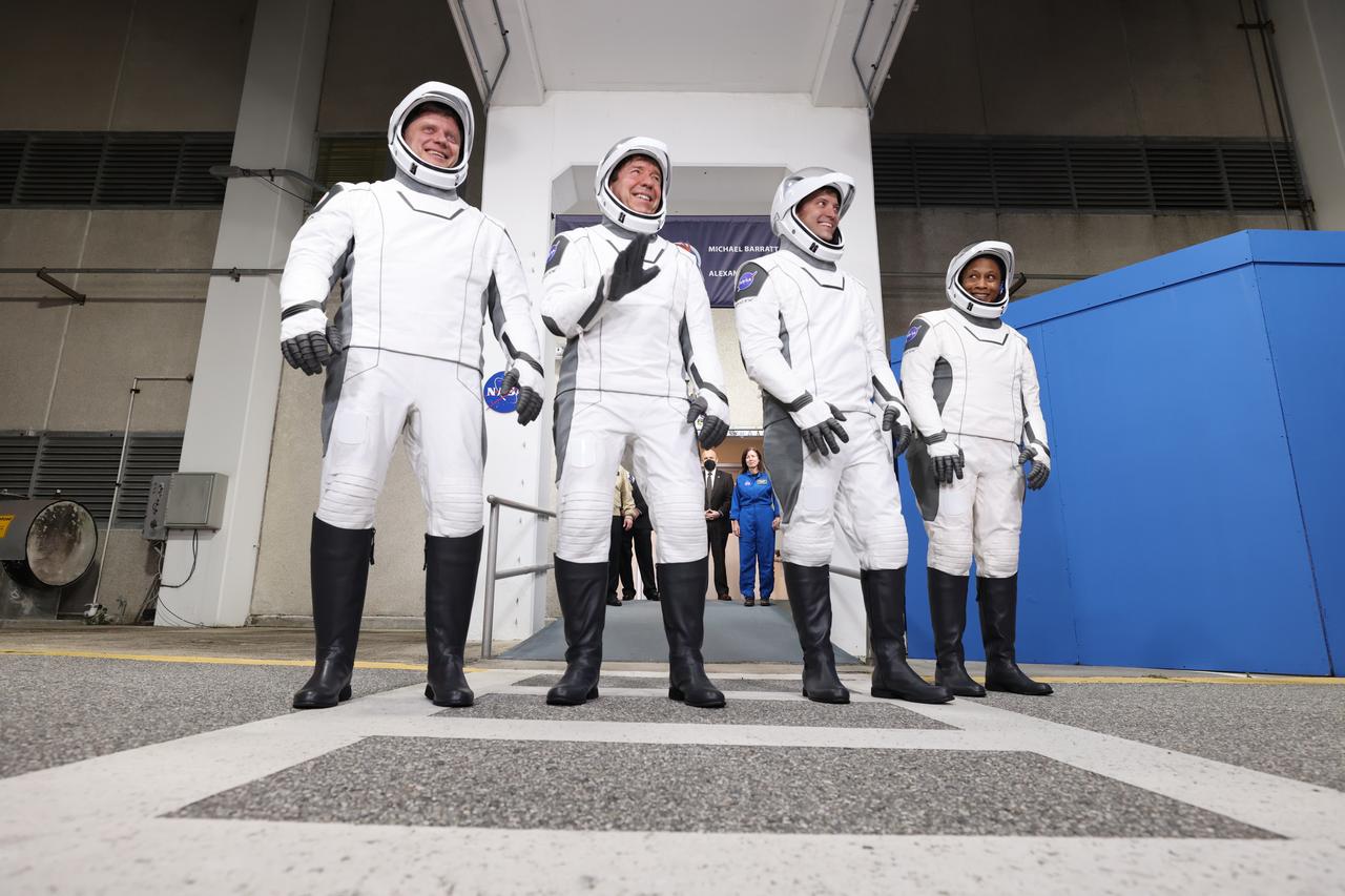 NASA’s SpaceX Crew-8 crew members right to left, NASA astronauts Jeanette Epps, Matthew Dominick, and Michael Barratt, and Roscosmos cosmonaut Alexander Grebenkin wearing SpaceX spacesuits, are seen as they prepare to depart the Neil A. Armstrong Operations and Checkout Building at NASA’s Kennedy Space Center in Florida for Launch Complex 39A to board the SpaceX Crew Dragon spacecraft for the Crew-8 mission launch Sunday, March 3, 2024. NASA’s SpaceX Crew-8 mission is the eighth crew rotation mission of the SpaceX Crew Dragon spacecraft and Falcon 9 rocket to the International Space Station as part of the agency’s Commercial Crew Program.