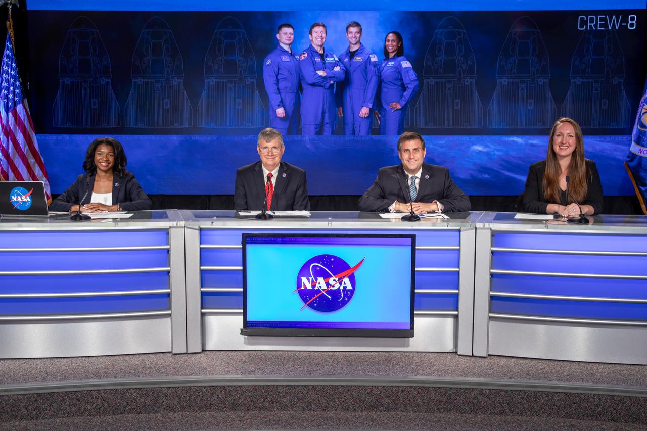A postlaunch news conference is hosted at the agency’s Kennedy Space Center in Florida on Monday, March 4, 2024, following the launch of NASA’s SpaceX Crew-8 mission. From left to right are Jasmine Hopkins, NASA Communications; Steve Stich, manager of NASA’s Commercial Crew Program; Joel Montalbano, manager of NASA’s International Space Station Program; and Sarah Walker, director of SpaceX’s Dragon Mission Management. NASA astronauts Commander Matthew Dominick, Pilot Michael Barratt, and Mission Specialist Jeanette Epps, along with Roscosmos cosmonaut Mission Specialist Alexander Grebenkin, launched aboard SpaceX’s Dragon spacecraft from Kennedy at 10:53 p.m. Sunday, March 3 and will spend about six months at the orbiting laboratory as part of the agency’s Commercial Crew Program.