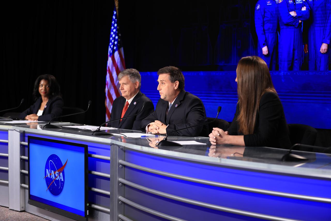 A postlaunch news conference is hosted at the agency’s Kennedy Space Center in Florida on Monday, March 4, 2024, following the launch of NASA’s SpaceX Crew-8 mission. From left to right are Jasmine Hopkins, NASA Communications; Steve Stich, manager of NASA’s Commercial Crew Program; Joel Montalbano, manager of NASA’s International Space Station Program; and Sarah Walker, director of SpaceX’s Dragon Mission Management. NASA astronauts Commander Matthew Dominick, Pilot Michael Barratt, and Mission Specialist Jeanette Epps, along with Roscosmos cosmonaut Mission Specialist Alexander Grebenkin, launched aboard SpaceX’s Dragon spacecraft from Kennedy at 10:53 p.m. Sunday, March 3 and will spend about six months at the orbiting laboratory as part of the agency’s Commercial Crew Program.