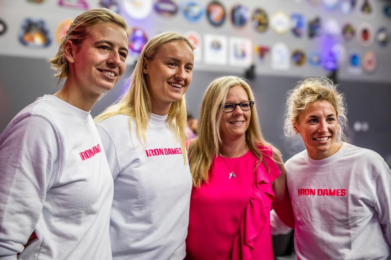 Members of the Iron Dames, from left to right, Sarah Bovy, Michelle Gatting, Christina Williams, business development specialist NASA Kennedy; and Iron Dames Rahel Frey, visit NASA’s Kennedy Space Center  in Florida on Wednesday, March 13, 2024, to discuss their project to promote and support women in sports, and enable them to compete on equal terms with men in fields of jobs including driving, mechanics, engineers, and team leaders. The all-female team started in motorsports and became the first all-female team to win a race in the 2023 FIA World Endurance Championships at Sebring International Raceway in Sebring, Florida.