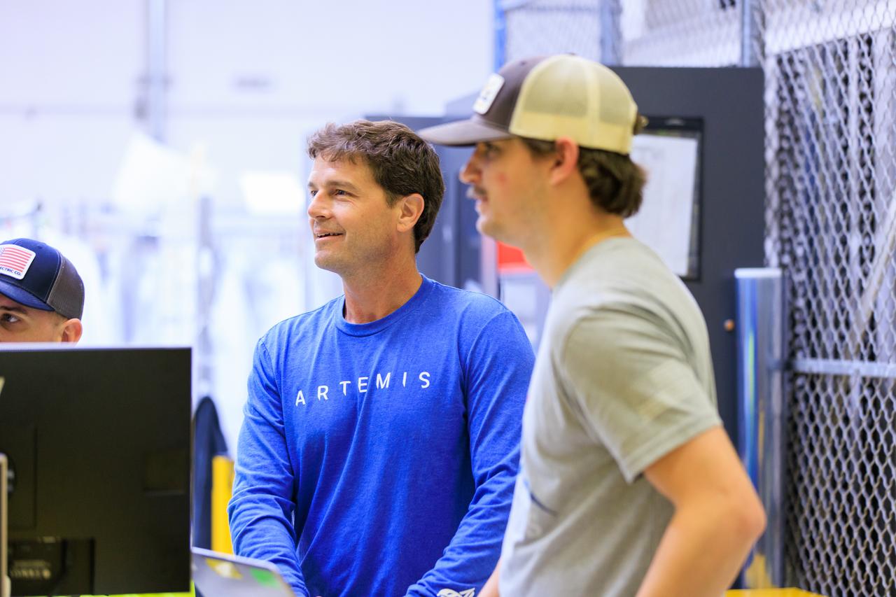 NASA’s Artemis II mission Commander Reid Wiseman visits the Neil A. Armstrong Operations and Checkout Building at the agency’s Kennedy Space Center in Florida, on March 15, 2024. Along with fellow crew member, Artemis II Mission Specialist Jeremy Hansen, the astronauts toured the facility with their families and viewed the Orion crew module that will take them, along with Victor Glover, pilot; and Christina Hammock Koch, mission specialist; around the Moon and back during the Artemis II mission. 