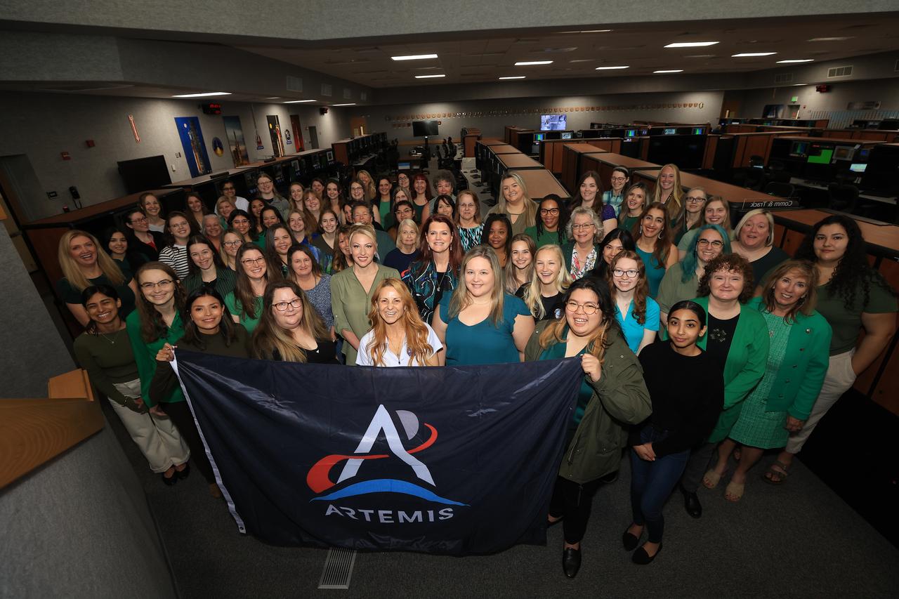 The women who comprise the Artemis launch team are photographed inside Firing Room 1 of the Launch Control Center at NASA’s Kennedy Space Center in Florida on Friday, March 15, 2024. In the second row center behind the Artemis banner is NASA’s first female Launch Director Charlie Blackwell-Thompson. The team, which is about 30% women, will launch the agency’s Artemis II mission from Kennedy’s Launch Pad 39B, the first crewed mission on NASA's path to establishing a long-term presence at the Moon for science and exploration through Artemis.