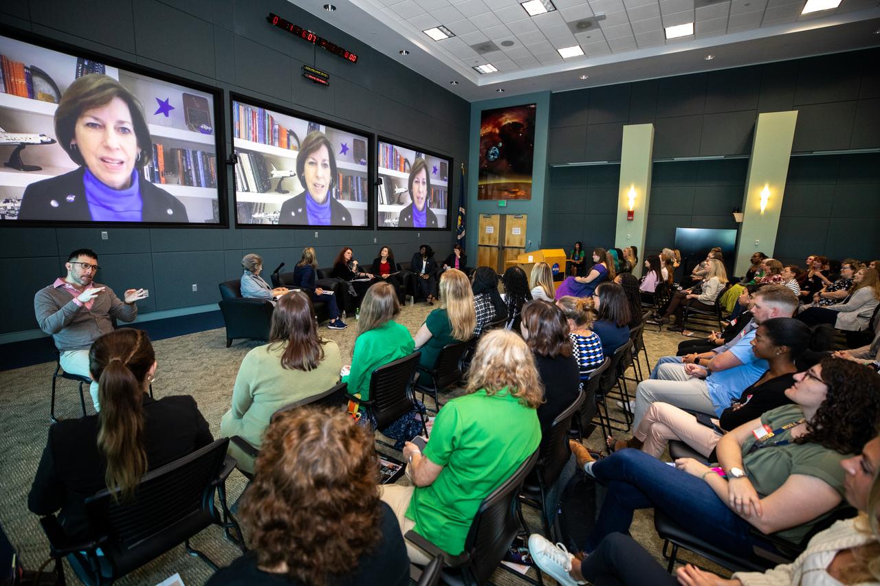 A panel discussion featuring women in leadership roles across NASA honors Women's History Month inside the Operations Support Building II at the agency’s Kennedy Space Center in Florida held on Friday, March 15, 2024. Participants in the Women Launching Women panel commemorate inspirational women and men who have lifted and helped others excel in their careers across the agency and offer words of advice for the current workforce include JoAnn Morgan, former associate director of Kennedy Space Center; Janet Petro, Kennedy Space Center director; Charlie Blackwell Thompson, NASA Artemis launch director; Lorna Kenna, vice president and program manager of Jacobs Space Operations Group; Kim Carter, Kennedy Space Center Office of Center Engagement and Business Integration Services director; and Casey Swails, NASA deputy associate administrator.