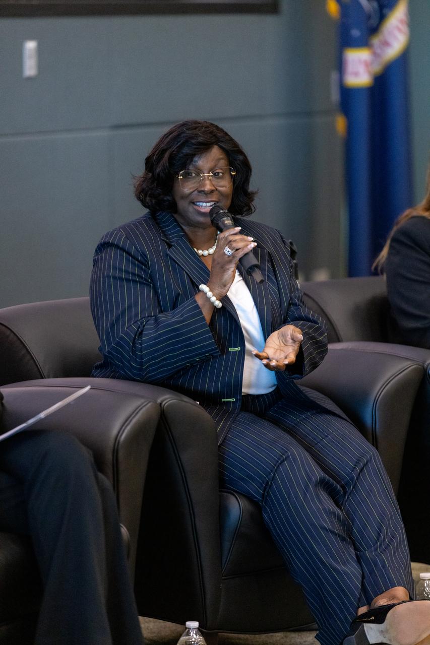Kennedy Space Center Director of Center Engagement and Business Integration Services, Kim Carter, participates in a discussion in honor of Women's History Month held on Friday, March 15, 2024, inside the Operations Support Building II at the agency’s Kennedy Space Center in Florida. The Women Launching Women panel commemorates inspirational women and men who have lifted and helped others excel in their careers across the agency and offer words of advice for the current workforce.