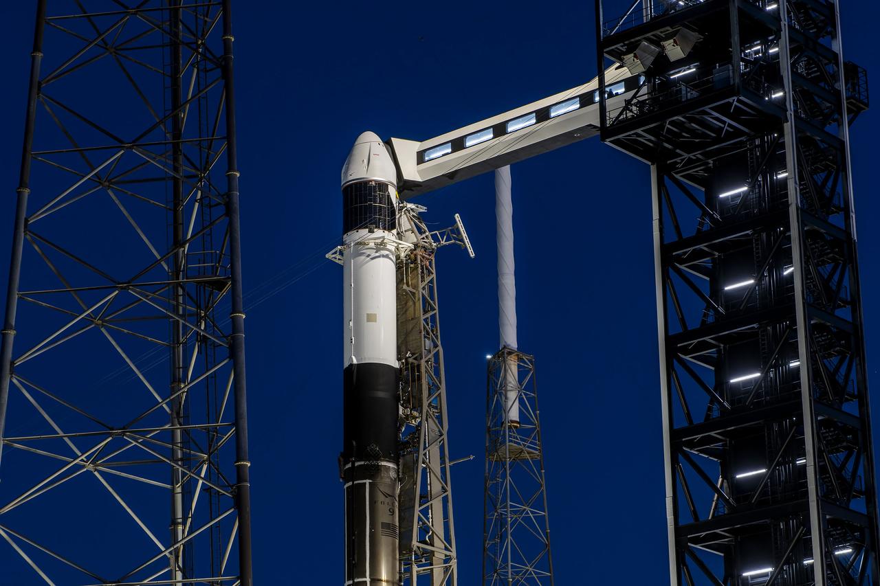 A SpaceX Falcon 9 rocket, with the company’s Dragon spacecraft atop, stands in a vertical position at Space Launch Complex 40 at Cape Canaveral Space Force Station in Florida on Tuesday, March 19, 2024, in preparation for the 30th commercial resupply services launch to the International Space Station. NASA and partner research flying aboard the mission includes a look at plant metabolism in space and a set of new sensors for free-flying Astrobee robots to provide 3D mapping capabilities. Other studies include a fluid physics study that could benefit solar cell technology and a university project from CSA (Canadian Space Agency) that will monitor sea ice and ocean conditions. Liftoff is scheduled for 4:55 p.m. EDT on Thursday, March 21, 2024.