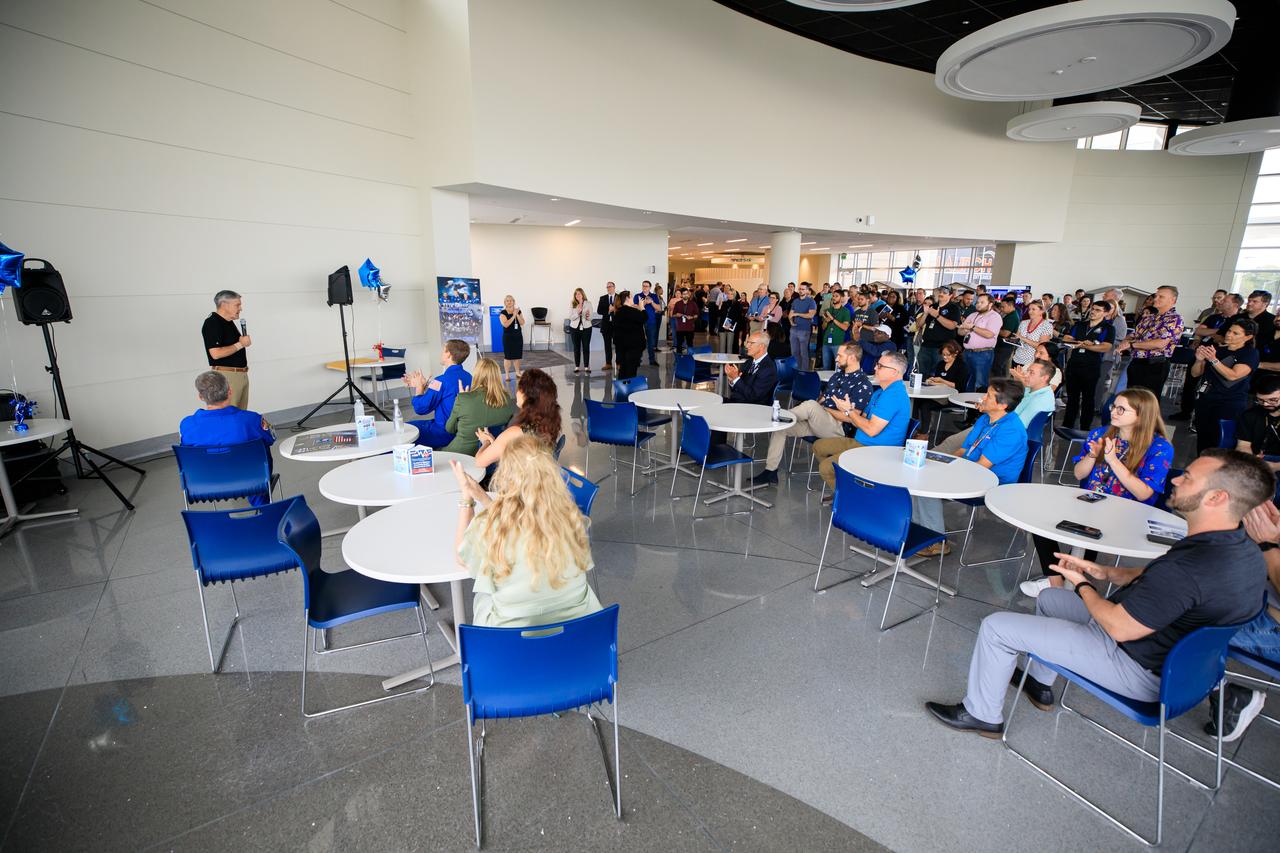 Former Kennedy Space Center director Bob Cabana speaks to NASA employees and other personnel at the agency’s Central Campus Headquarters cafeteria at Kennedy Space Center in Florida on Wednesday, March 27, 2024. Cabana retired in December 2023 after serving as the center director for 13 years. 