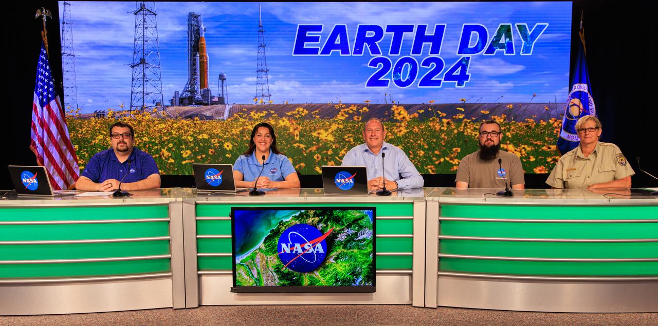 As part of NASA’s NextGen STEM project, the agency hosted an environmentally focused Earth Day briefing on Tuesday, April 2, 2024, inside NASA News Center’s John Holliman Auditorium at the agency’s Kennedy Space Center. Participants from left to right include, Messod Bendayan, NASA Communications; Kelly McCarthy, NASA’s Office of STEM Engagement, Bob Kline, Kennedy’s Environmental Assurance Branch; Spencer Davis, Kennedy’s Exploration Ground Systems; and Kim King-Wrenn, Merritt Island National Wildlife Refuge.