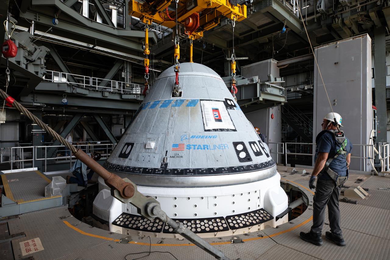 The Boeing Starliner spacecraft is lifted at the Vertical Integration Facility at Space Launch Complex-41 at Cape Canaveral Space Force Station in Florida on Tuesday, April 16, 2024. Starliner will be secured atop a United Launch Alliance Atlas V rocket for NASA’s Boeing Crew Flight Test to the International Space Station for the agency’s Commercial Crew Program. The spacecraft rolled out from Boeing's Commercial Crew and Cargo Processing Facility at NASA's Kennedy Space Center earlier in the day.